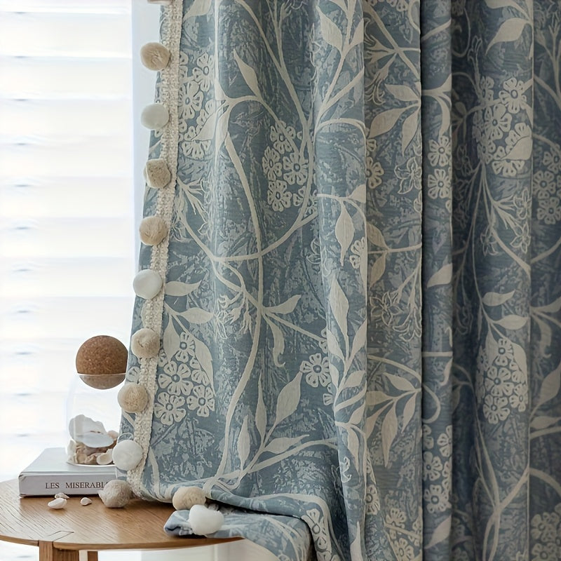 Rideau occultant jacquard chenille floral bleu style français (2 panneaux)