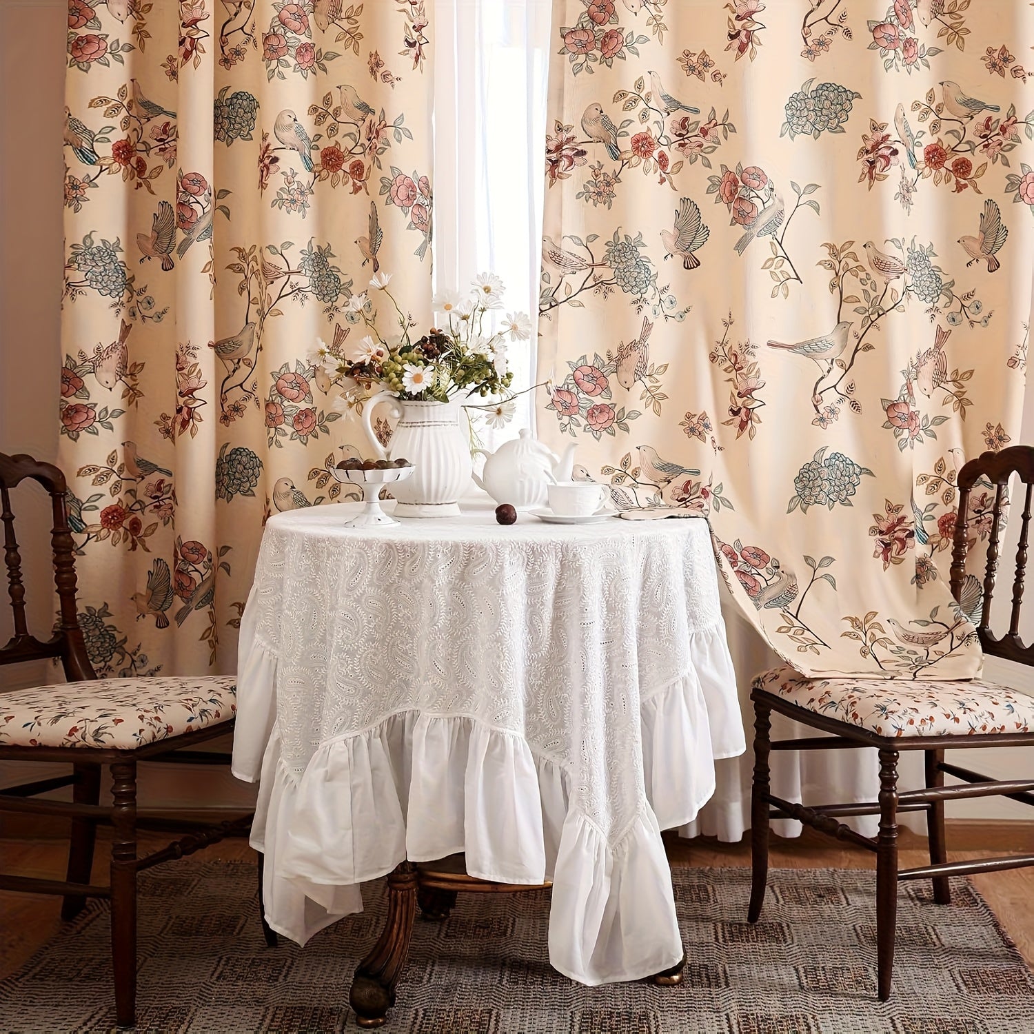 Rideau bohème floral oiseaux style vintage en tissu imitation lin