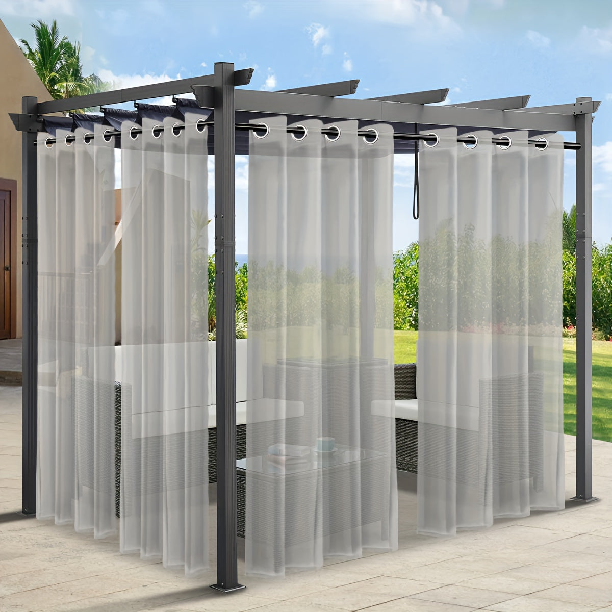 Rideaux voilage extérieur effet lin à œillets pour pergola (2 panneaux)