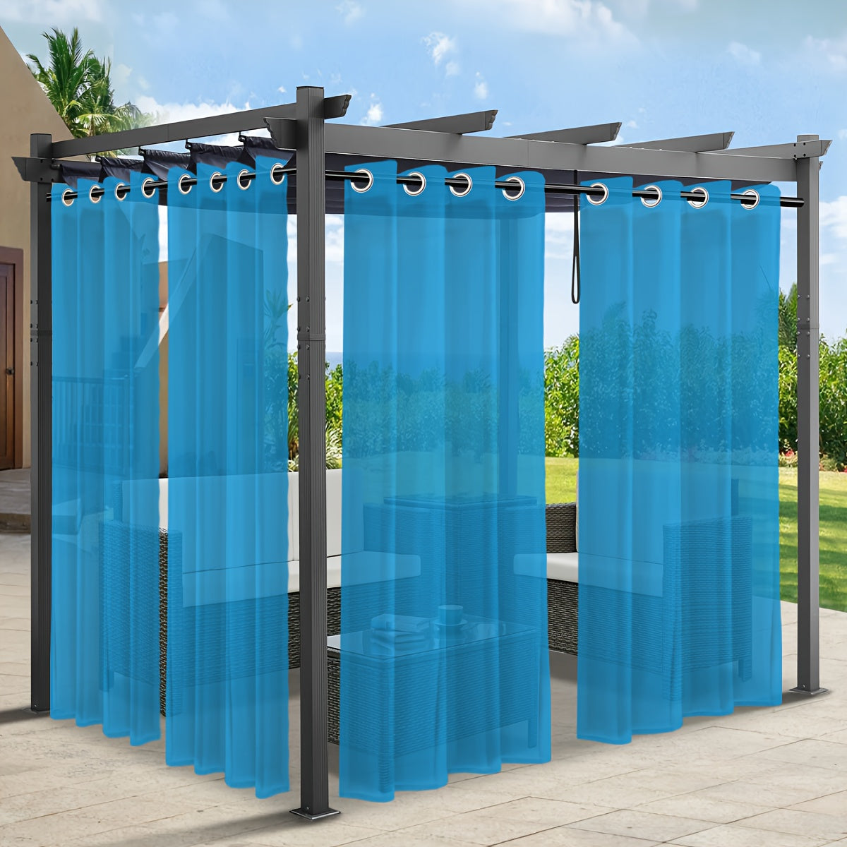 Rideaux voilage extérieur effet lin à œillets pour pergola (2 panneaux)