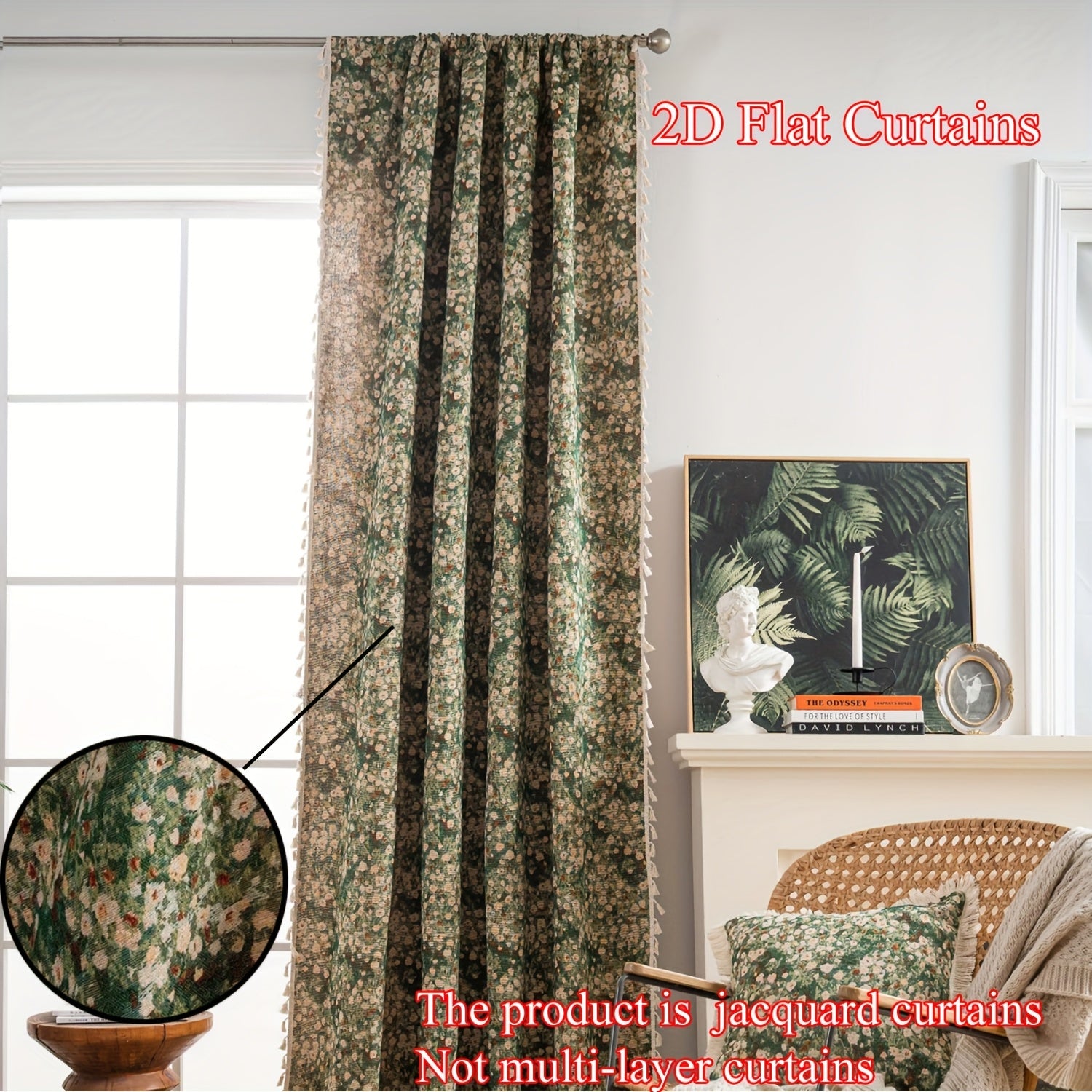 Rideau jacquard fleuri vintage vert tamisant style campagne