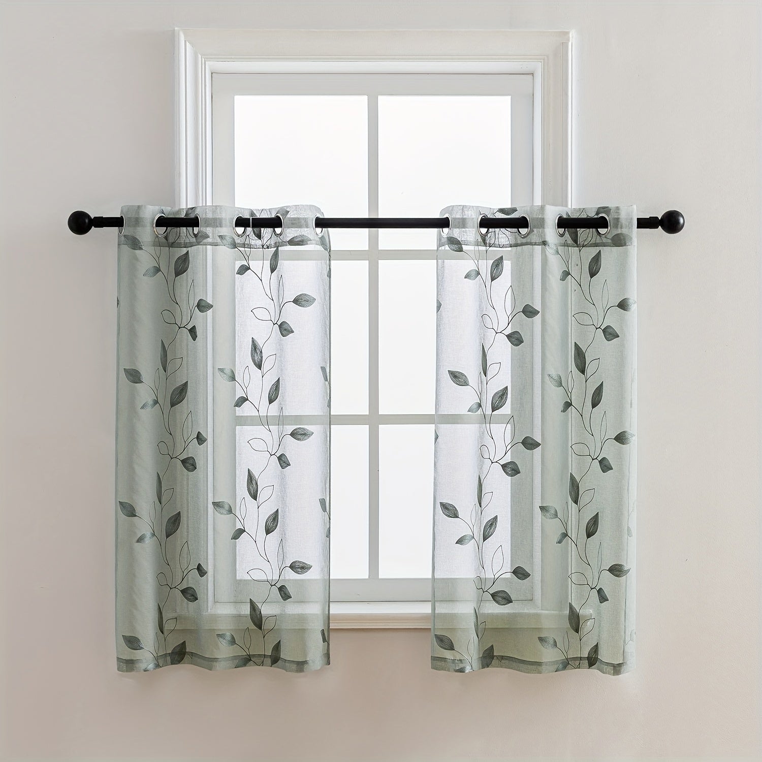Rideaux voilage brodés motif feuilles avec œillets pour salon et chambre (2 panneaux)