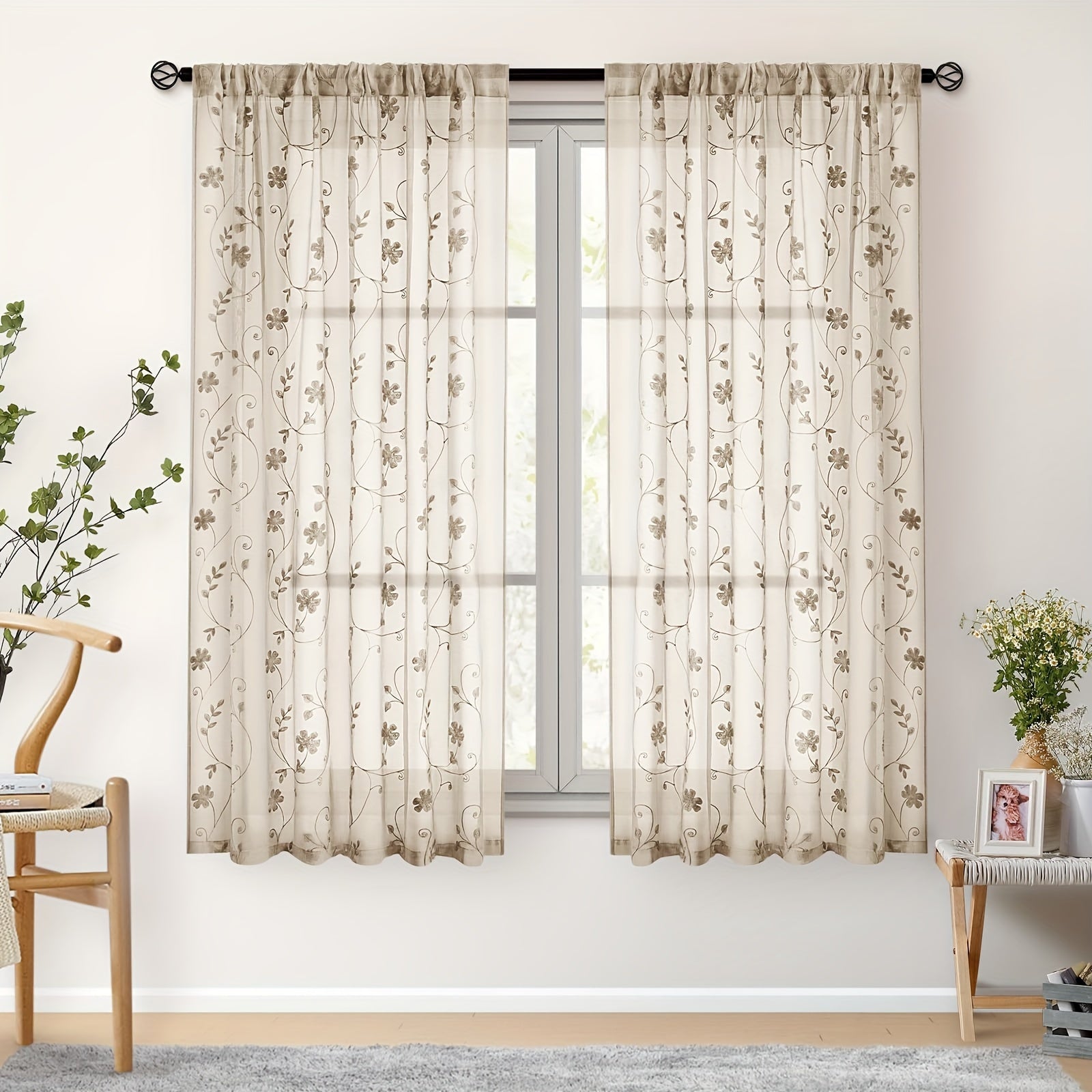 Rideaux voilage brodés fleurs semi-transparents pour salon et chambre (2 panneaux)