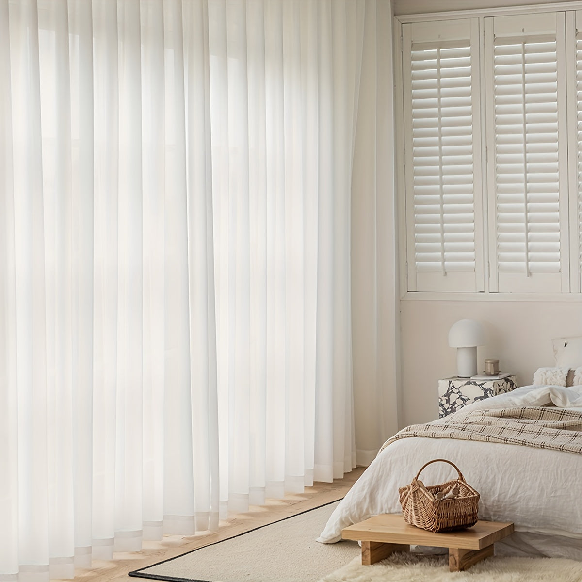 Rideaux voilage blanc semi-opaque à poche tringle pour fenêtre et porte-fenêtre (2 panneaux)