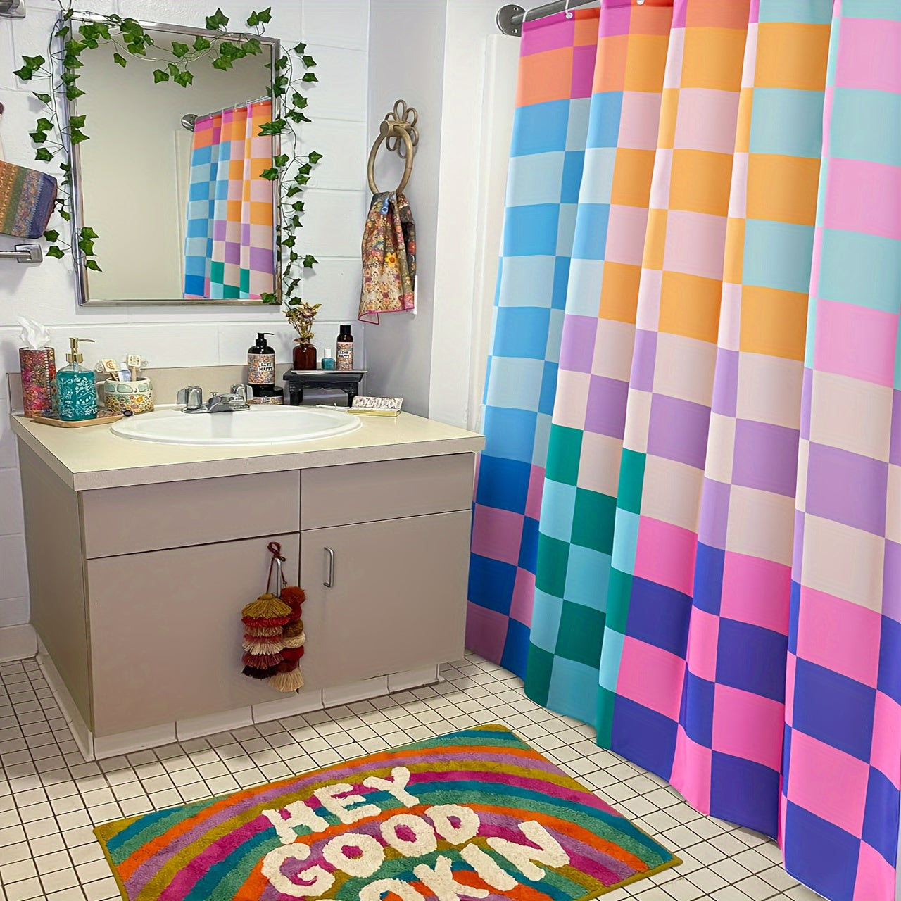 Rideau de douche rétro à carreaux multicolores