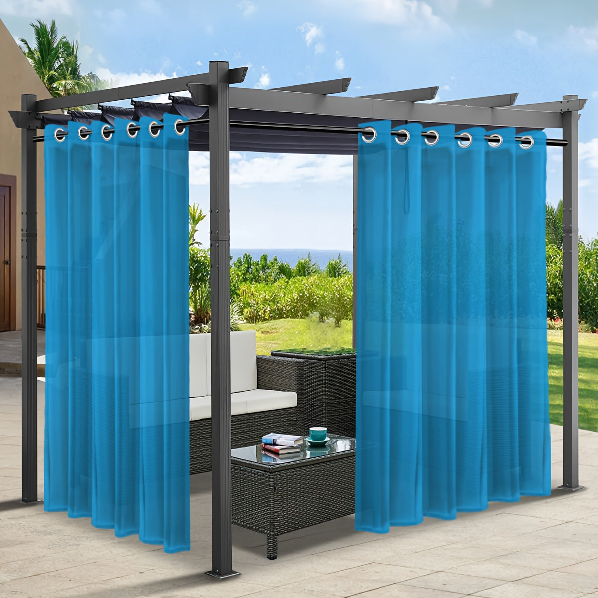 Rideaux voilage extérieur effet lin à œillets pour pergola (2 panneaux)