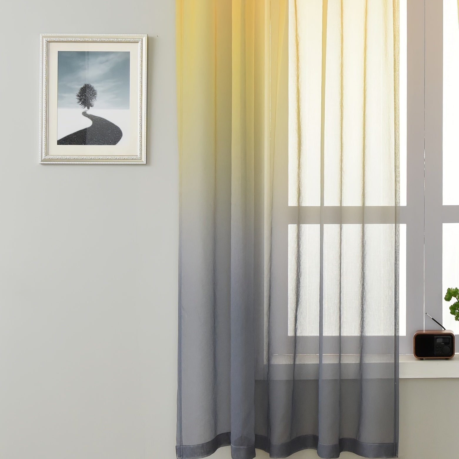 Rideau voilage dégradé jaune gris en tulle polyester pour fenêtre