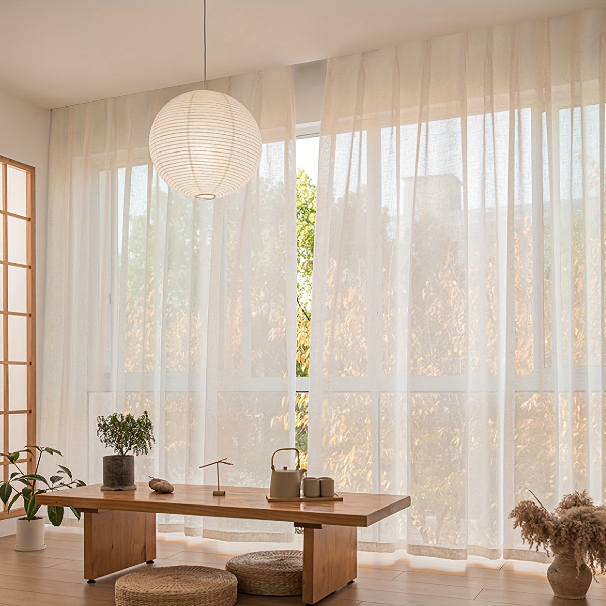 Rideaux voilage lin beige japonais tamisants passe-tringle (2 panneaux)