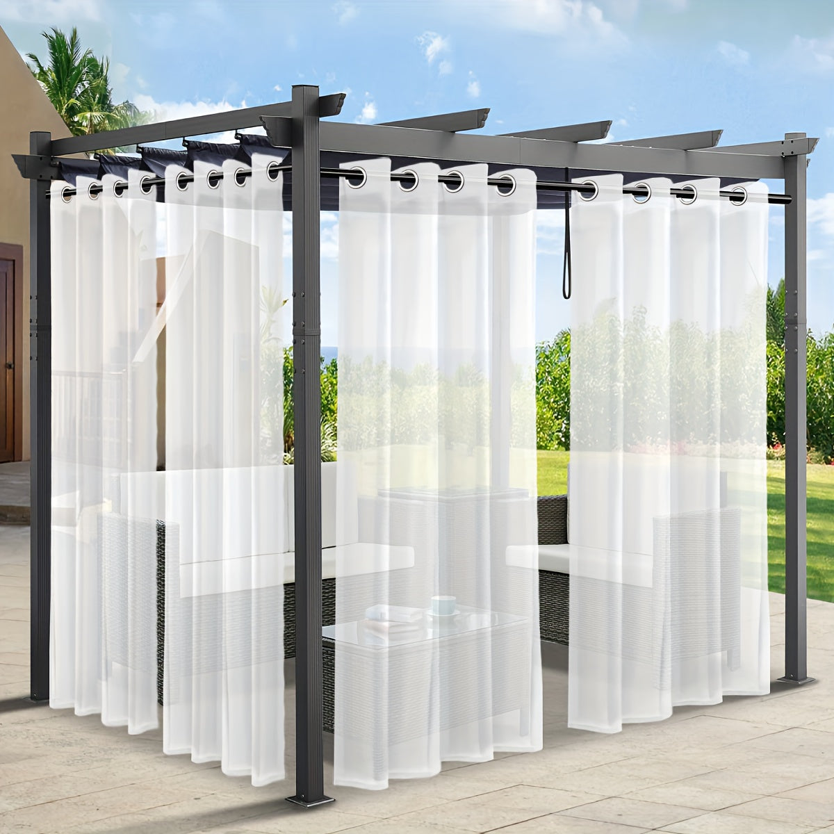 Rideaux voilage extérieur effet lin à œillets pour pergola (2 panneaux)