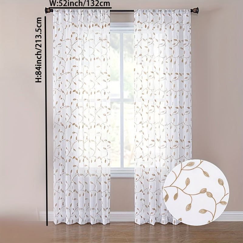 Rideau voilage brodé feuilles en polyester tamisant pour cuisine (1/2 panneaux)