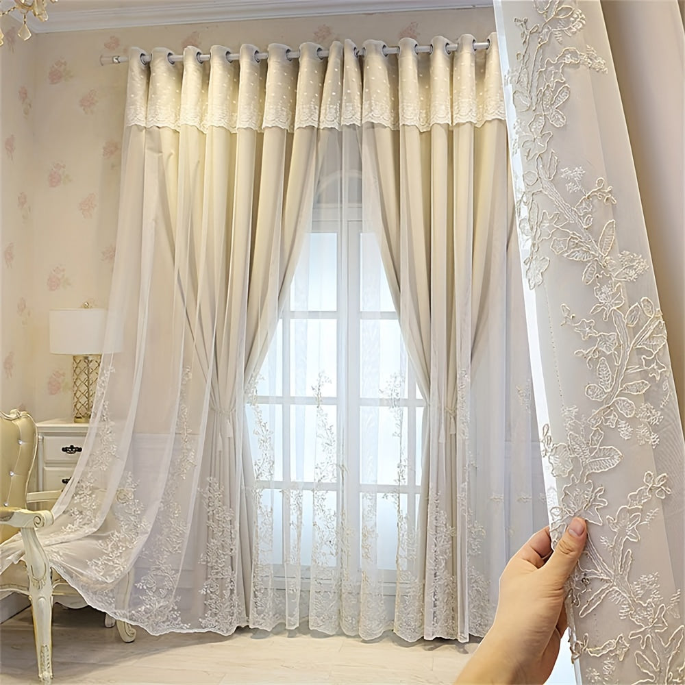 Rideau occultant double épaisseur brodé avec voile dentelle (1 panneau)