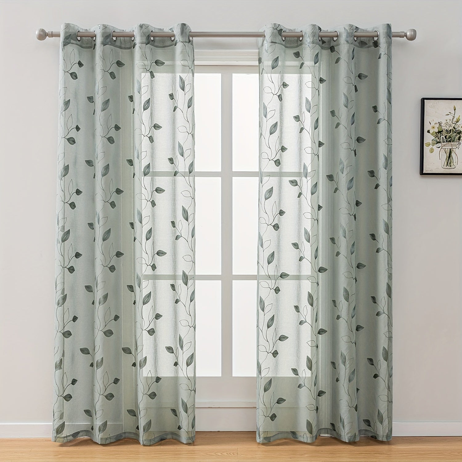 Rideaux voilage brodés motif feuilles avec œillets pour salon et chambre (2 panneaux)