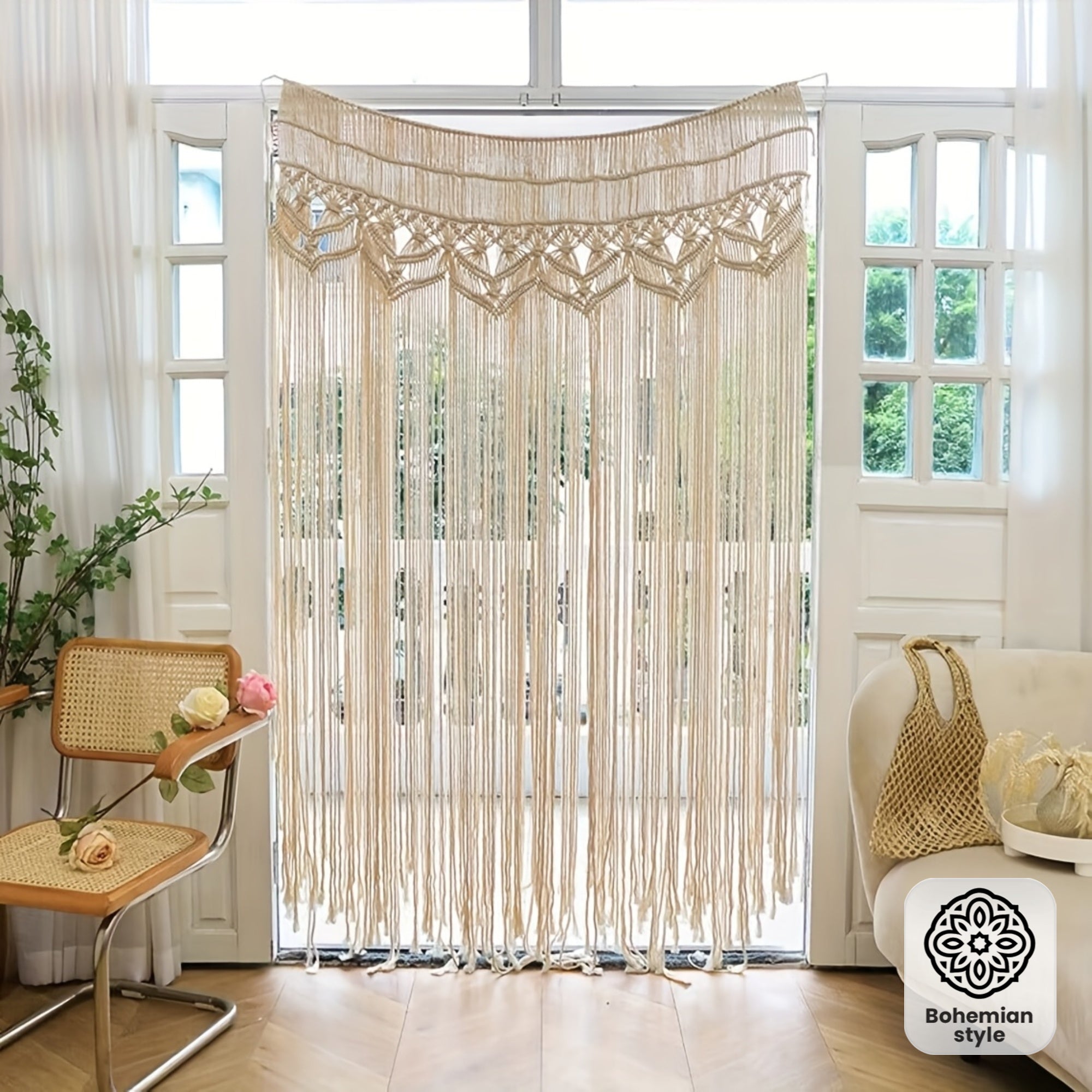 Rideau macramé bohème vague 95x180 cm en fibre naturelle (1 panneau)