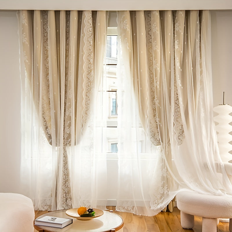 Rideau double épaisseur occultant en polyester beige avec voilage dentelle