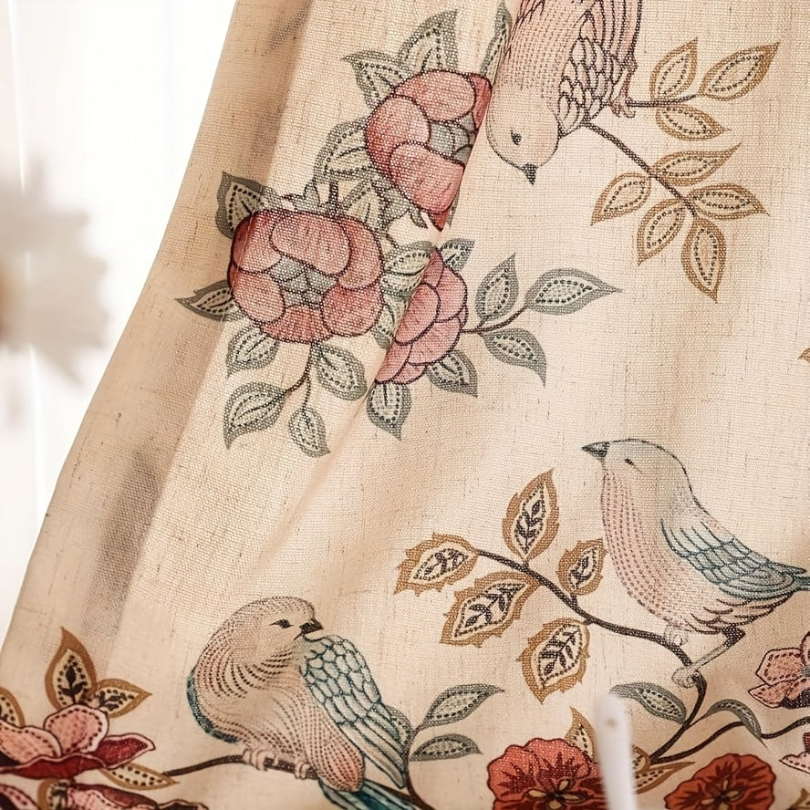 Rideau bohème floral oiseaux style vintage en tissu imitation lin