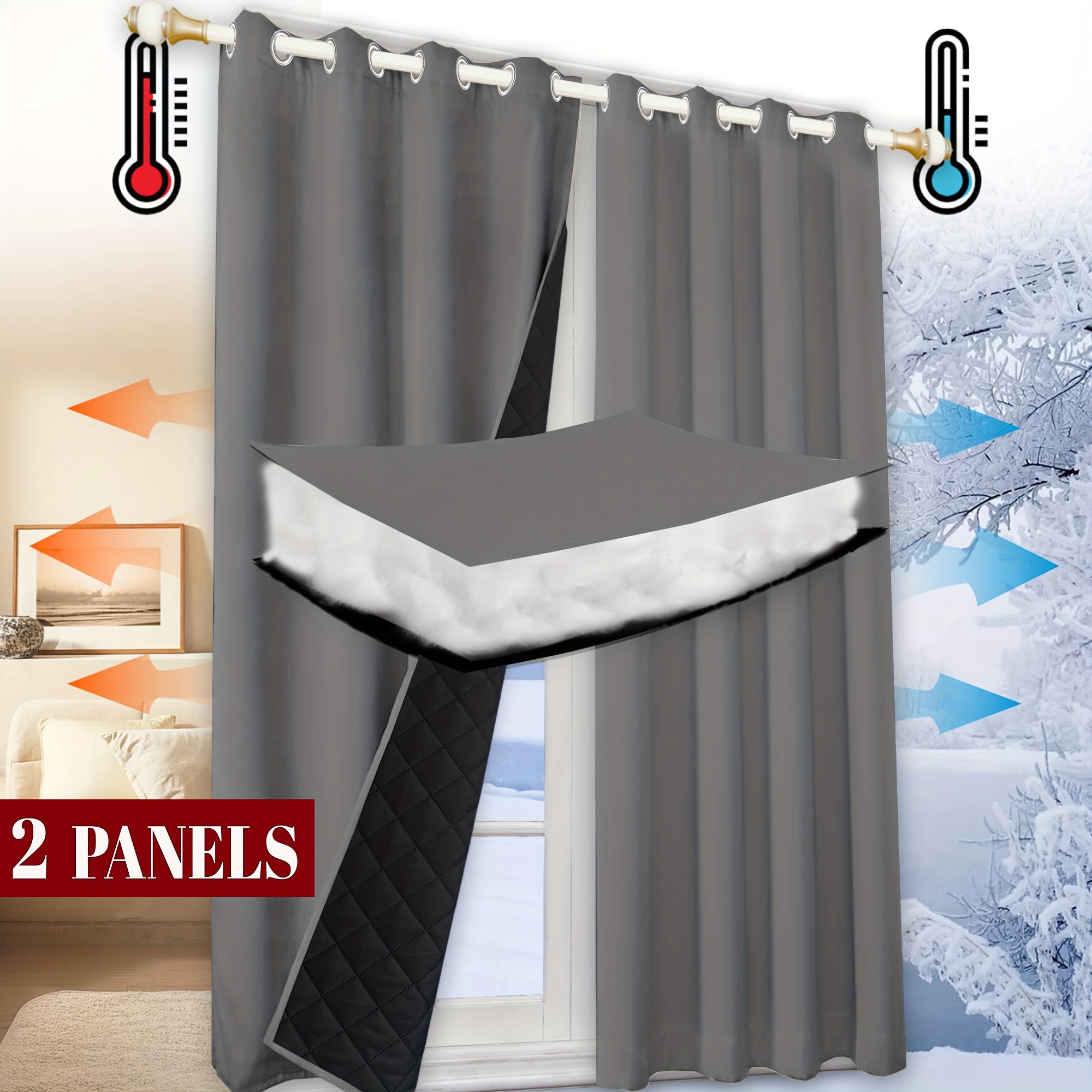 Rideau thermique matelassé isolant hiver occultant moderne (2 panneaux)