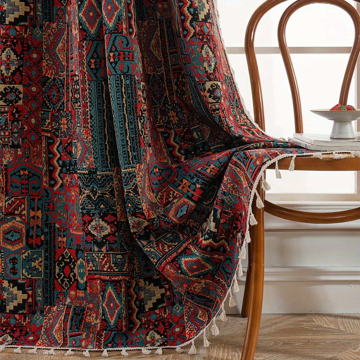 Rideau jacquard occultant vintage à motif géométrique en polyester