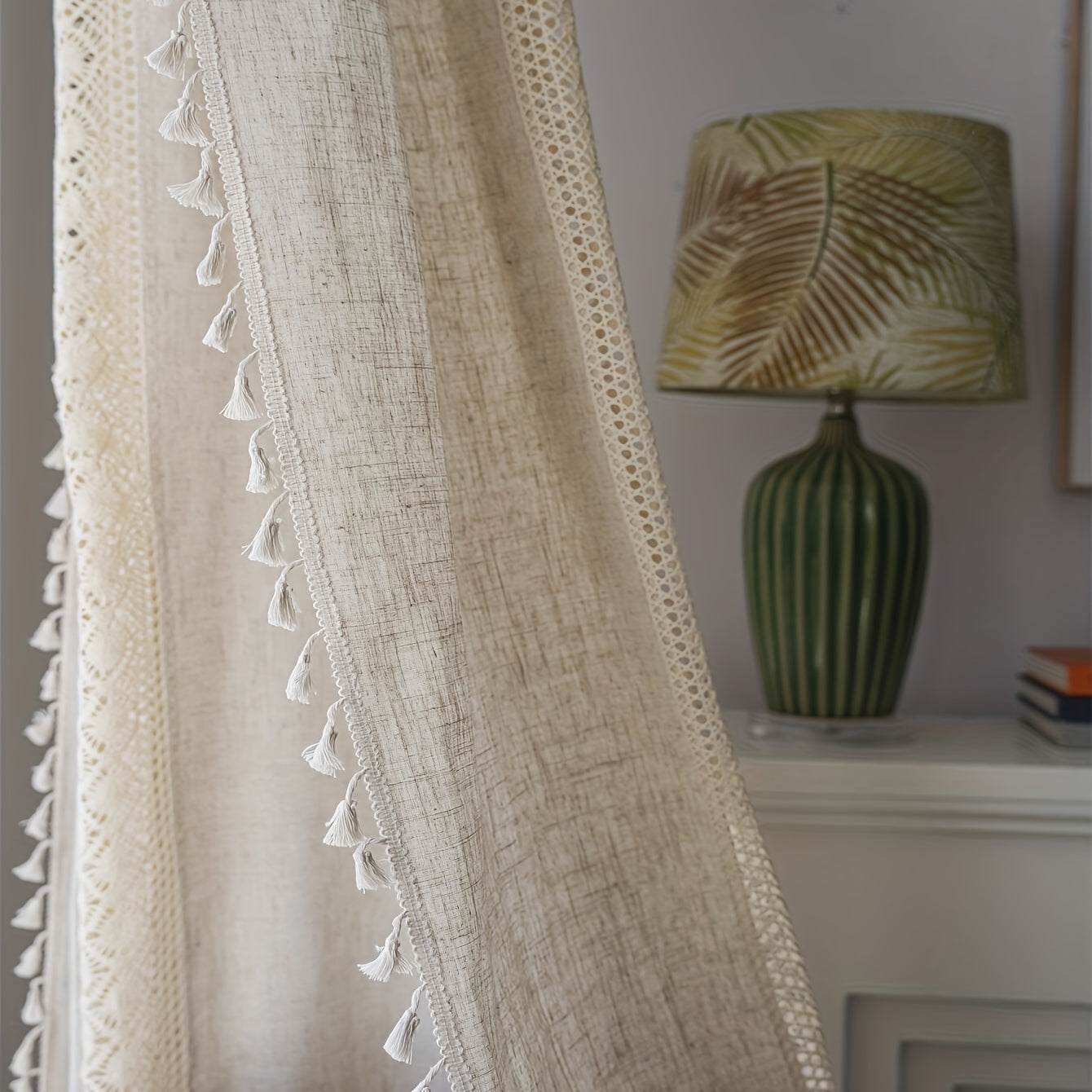 Rideau voilage bohème beige en lin jacquard ajouré à pampilles