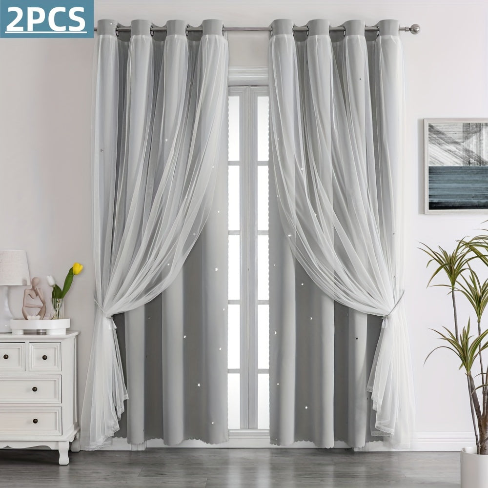 Rideaux occultants double couche avec voile étoilé en polyester pour chambre et salon