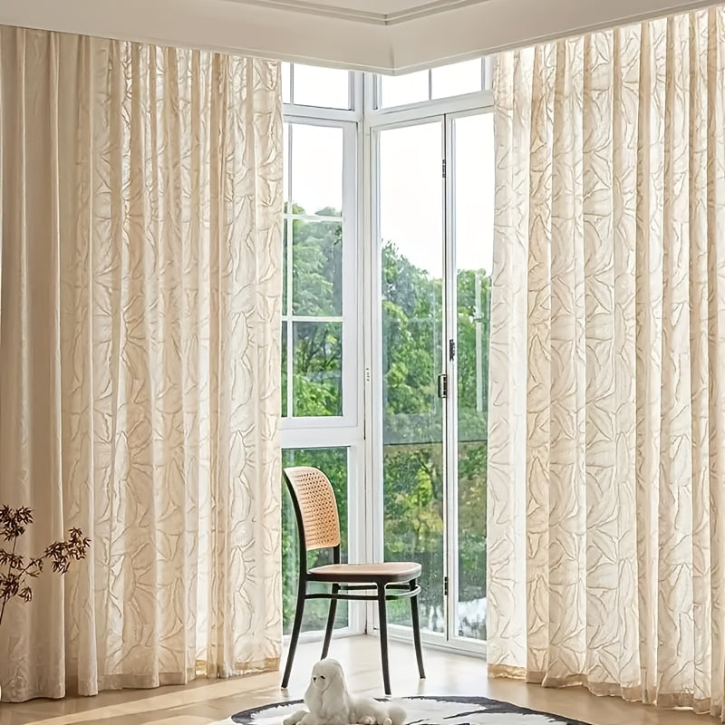 Rideau voilage velours beige brodé feuilles style rétro américain