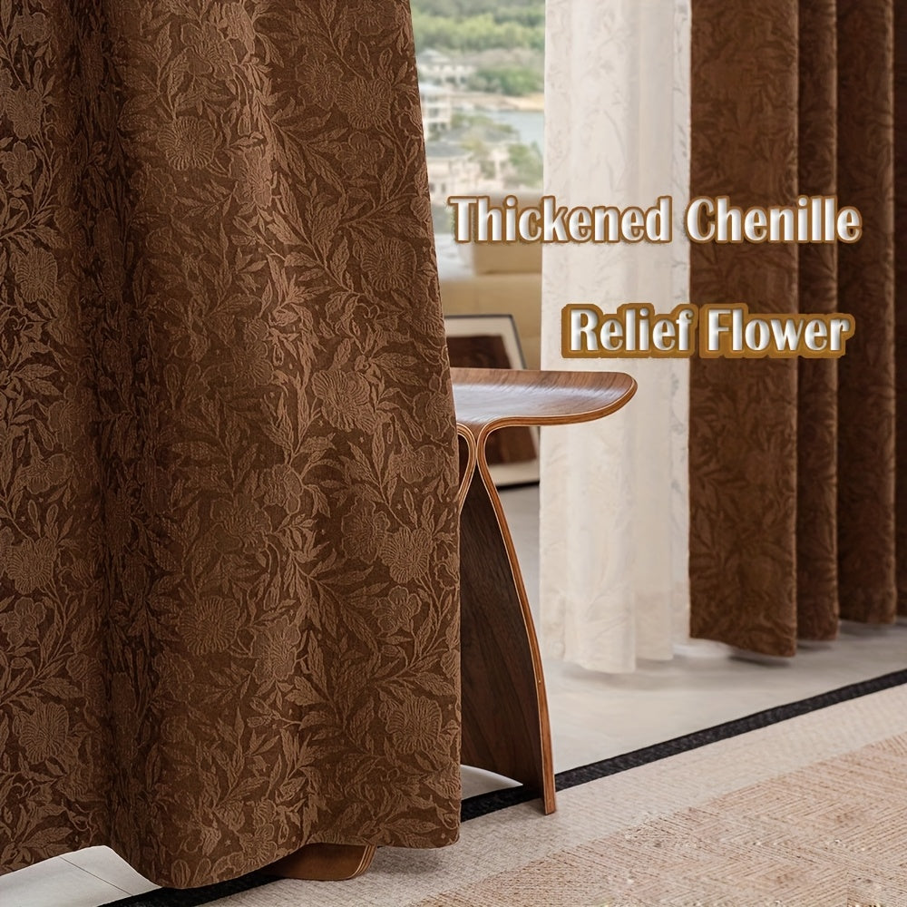 Rideau occultant jacquard chenille marron style vintage floral