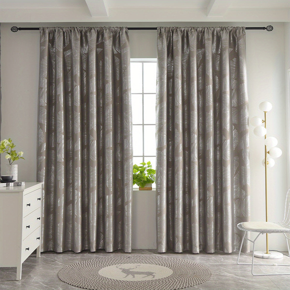 Rideau occultant noir ou gris à motifs feuilles pour salon et chambre