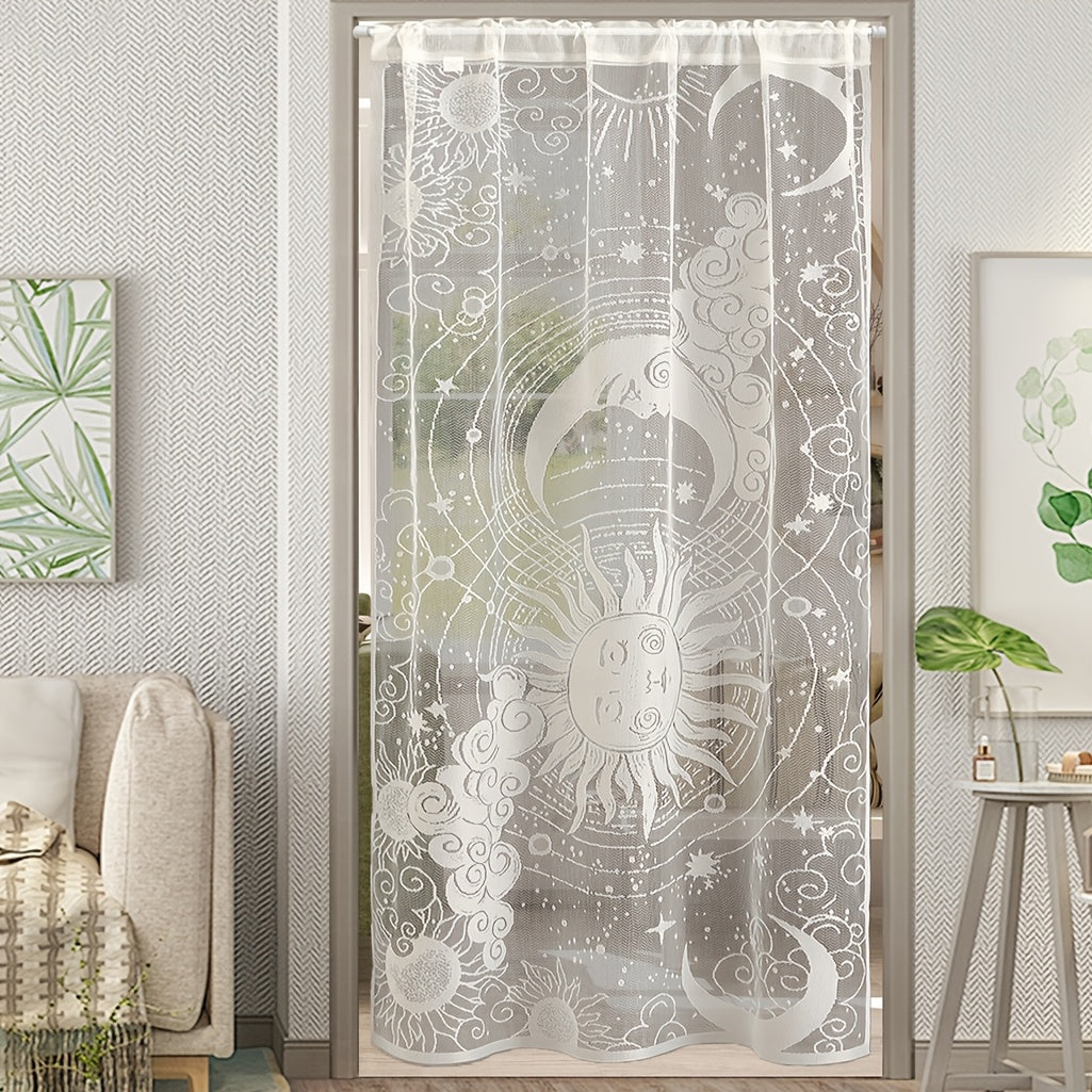 Rideau porte en dentelle soleil et lune semi-transparent en polyester