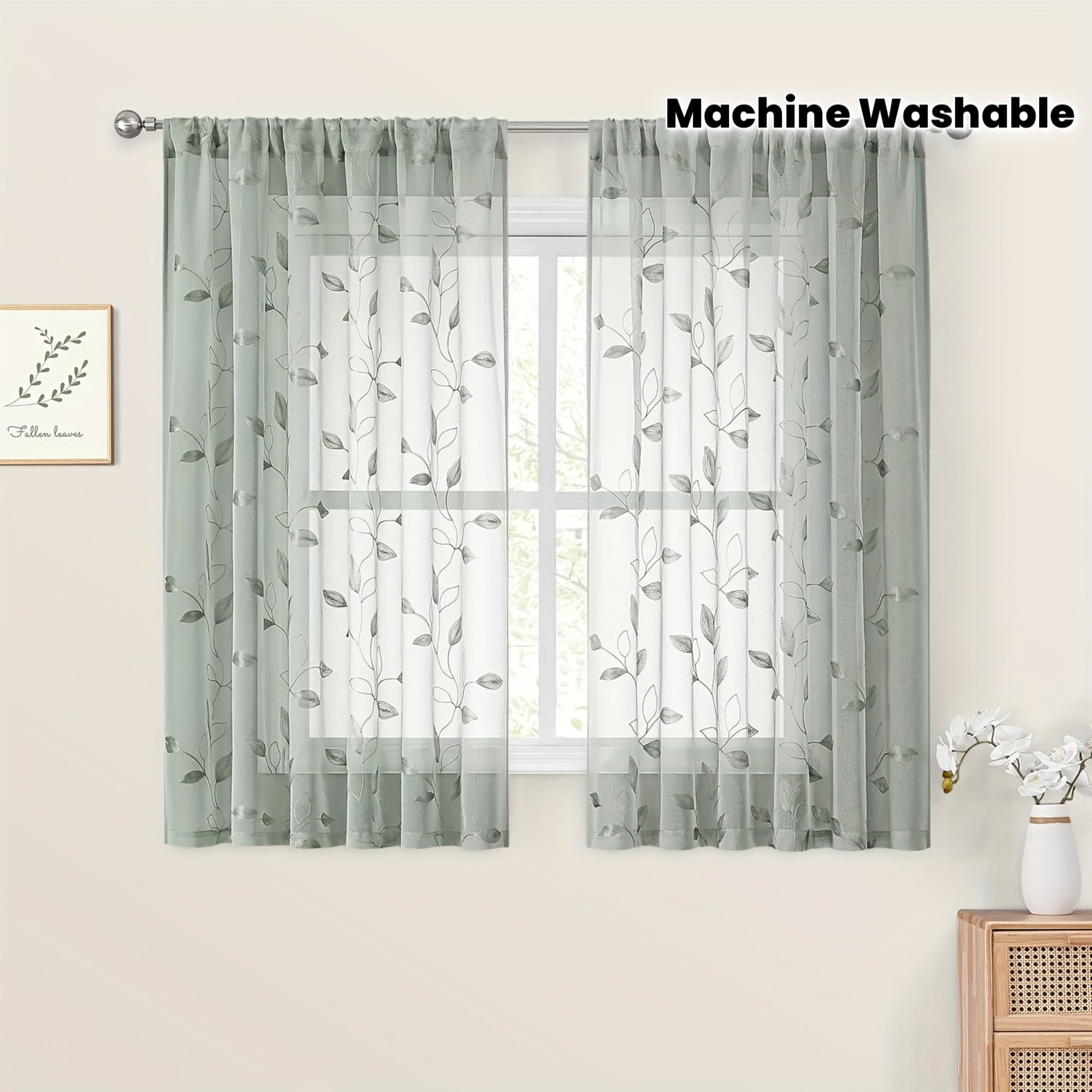 Rideaux voilage brodés motif feuilles style jardin pour salon et chambre (2 panneaux)