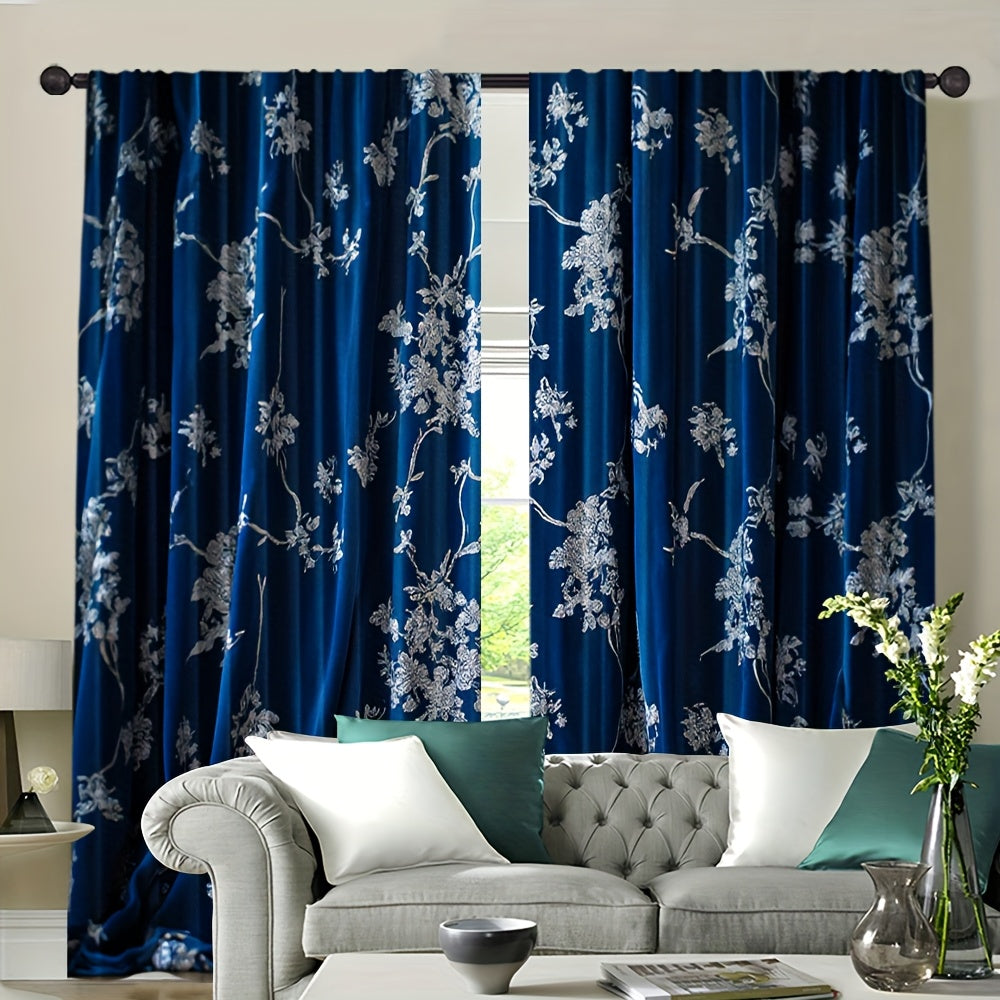 Rideaux tamisants bleu nuit à motifs floraux en polyester (2 panneaux)