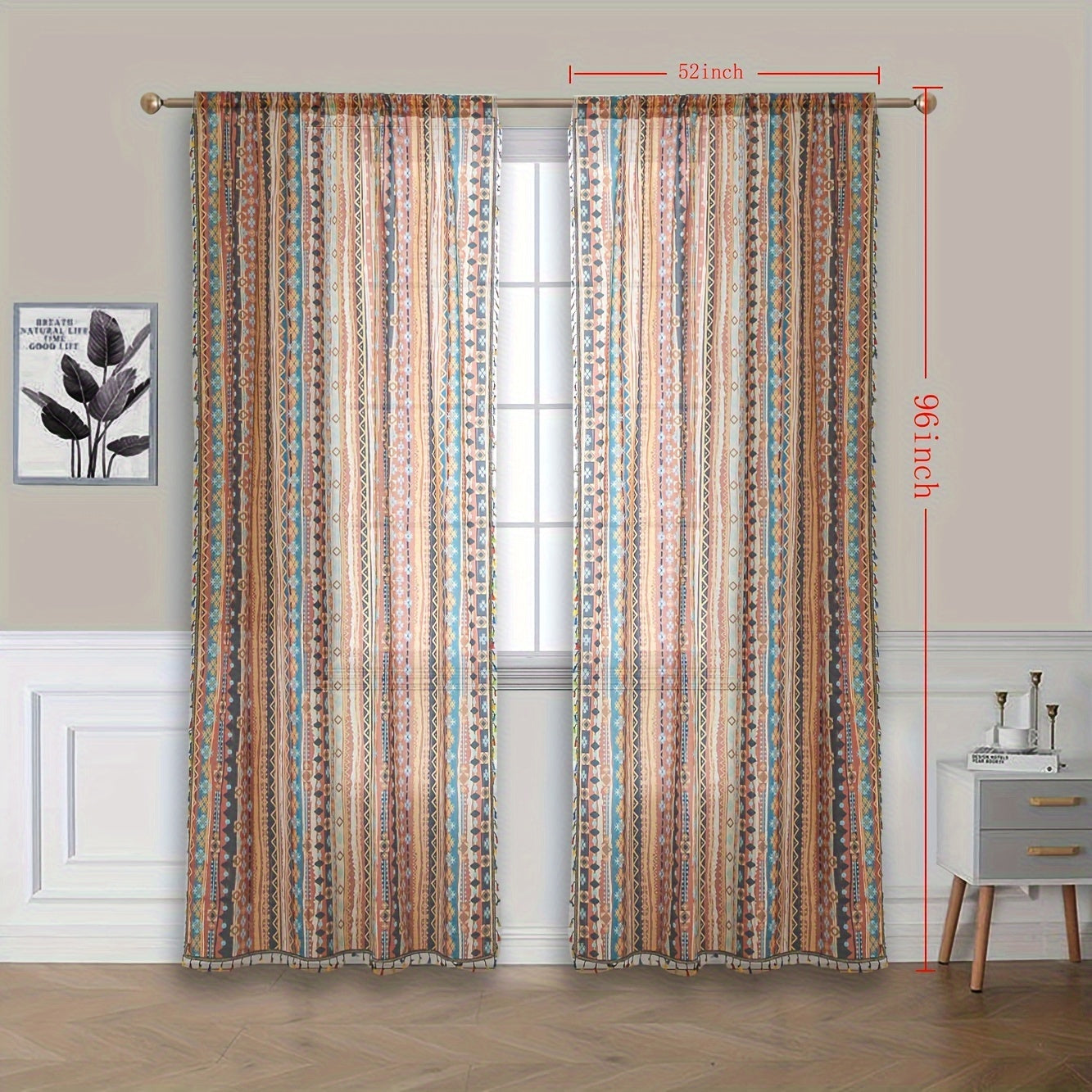 Rideau voilage bohème à rayures multicolores avec pompons (2 panneaux)
