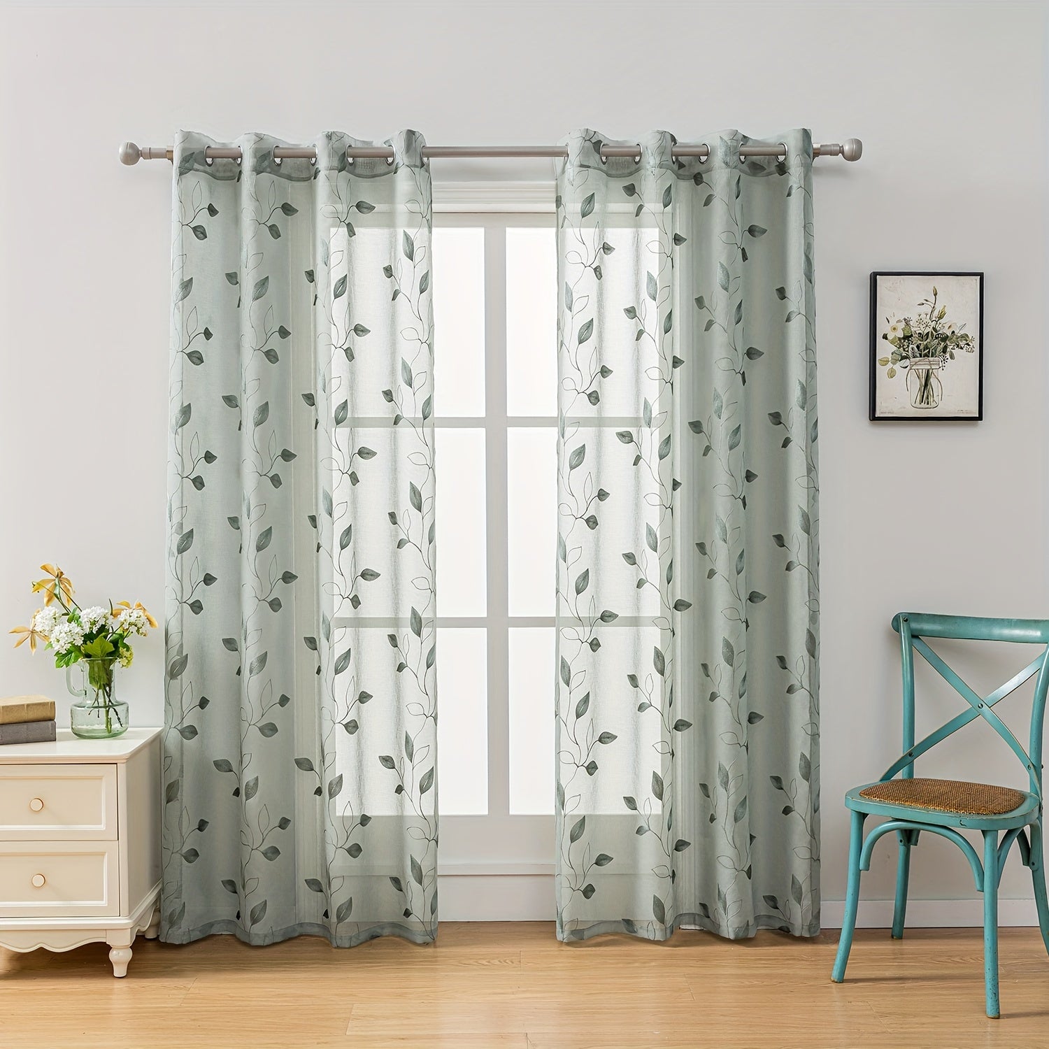 Rideaux voilage brodés motif feuilles avec œillets pour salon et chambre (2 panneaux)