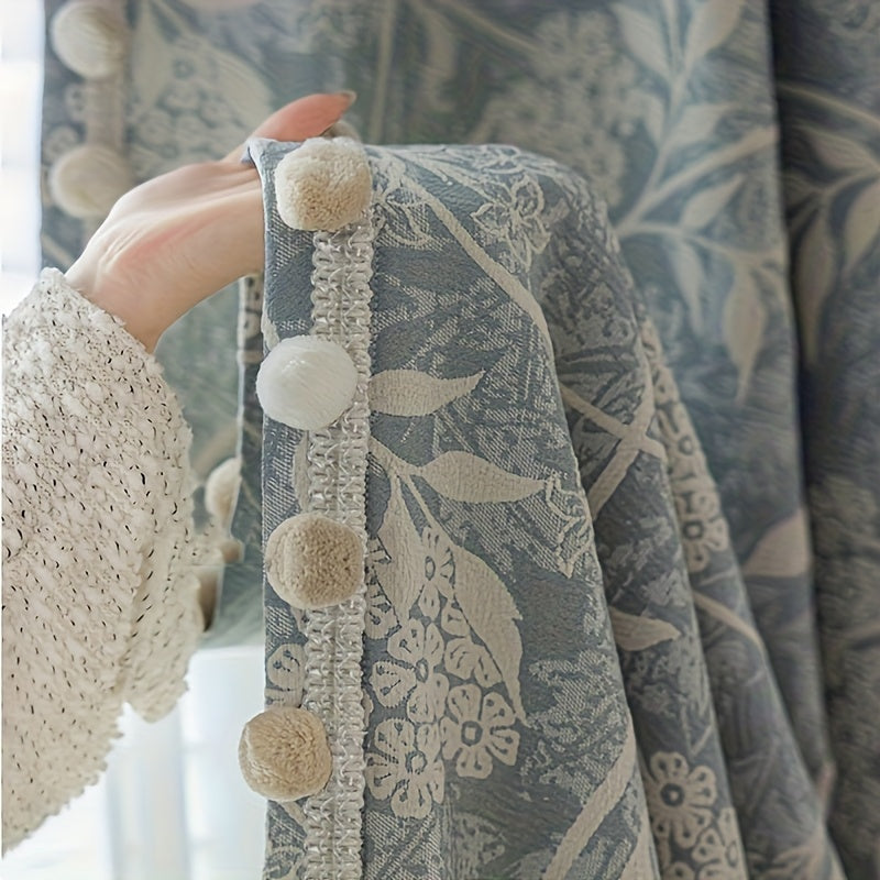 Rideau occultant jacquard chenille floral bleu style français (2 panneaux)