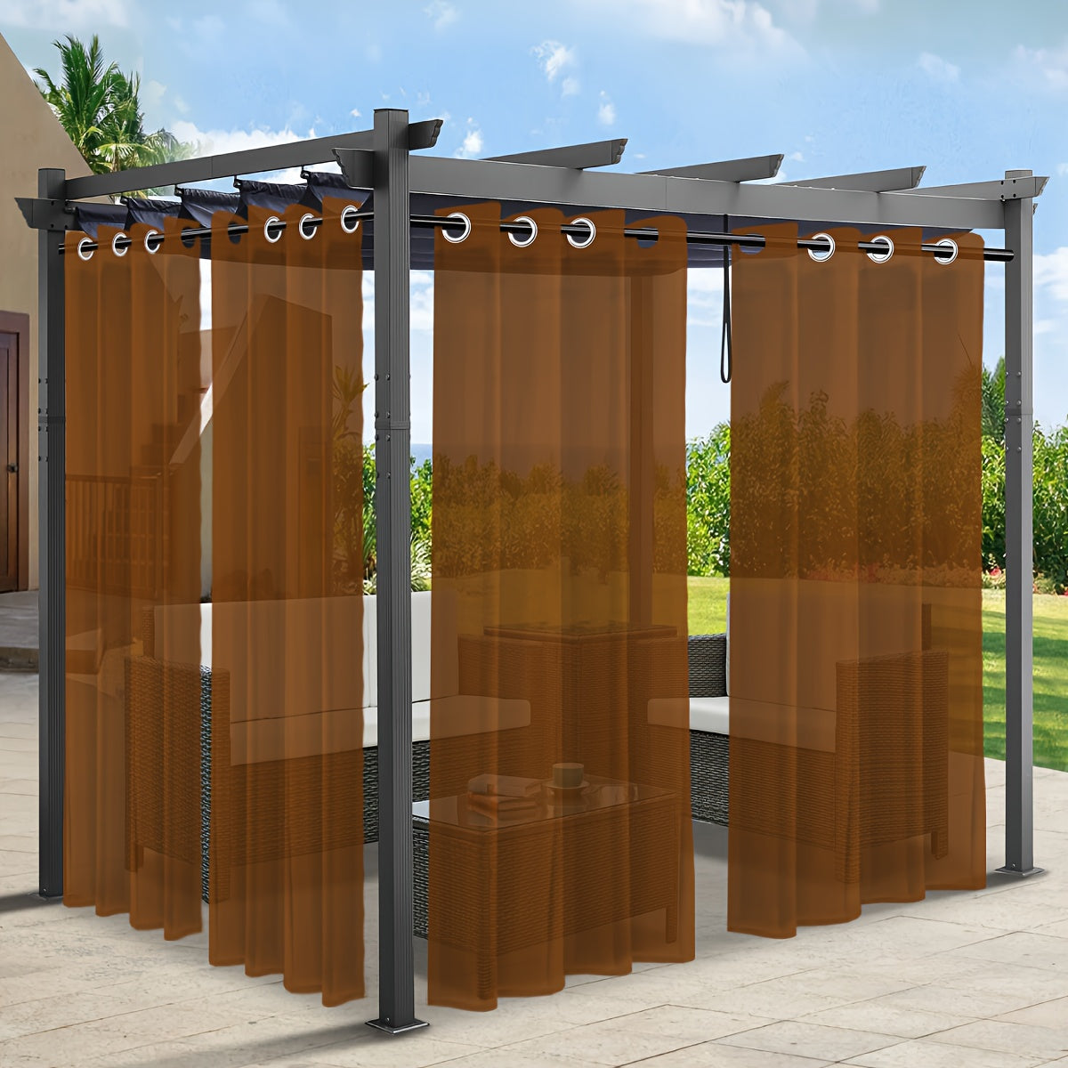 Rideaux voilage extérieur effet lin à œillets pour pergola (2 panneaux)