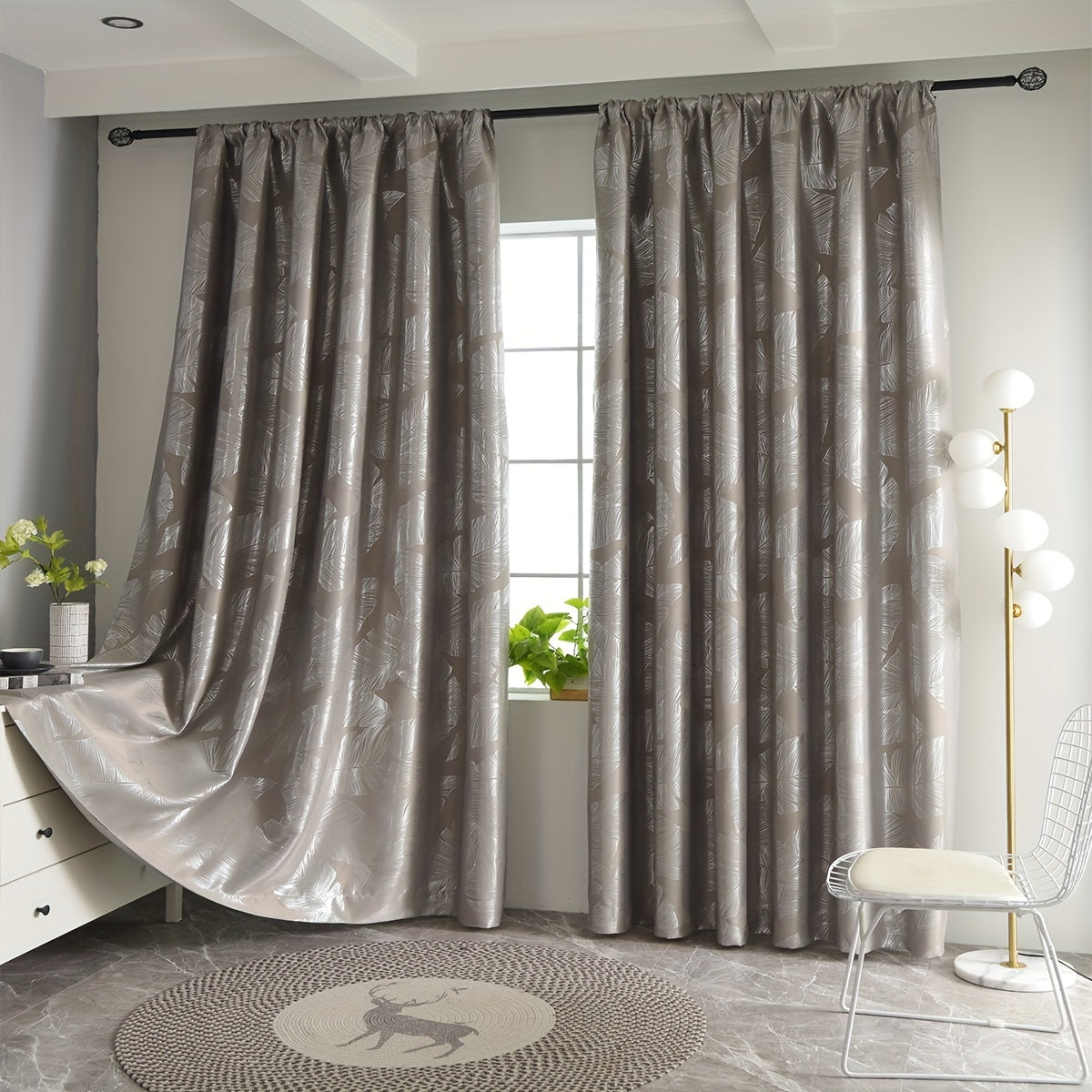 Rideau occultant noir ou gris à motifs feuilles pour salon et chambre