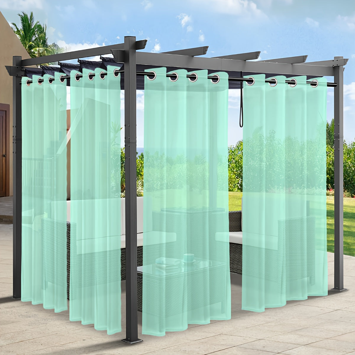 Rideaux voilage extérieur effet lin à œillets pour pergola (2 panneaux)