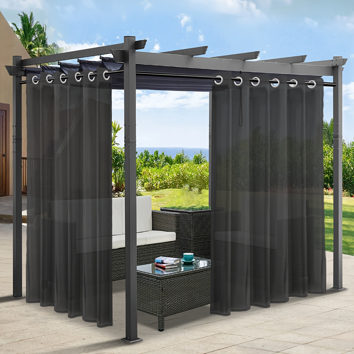 Rideaux voilage extérieur effet lin à œillets pour pergola (2 panneaux)