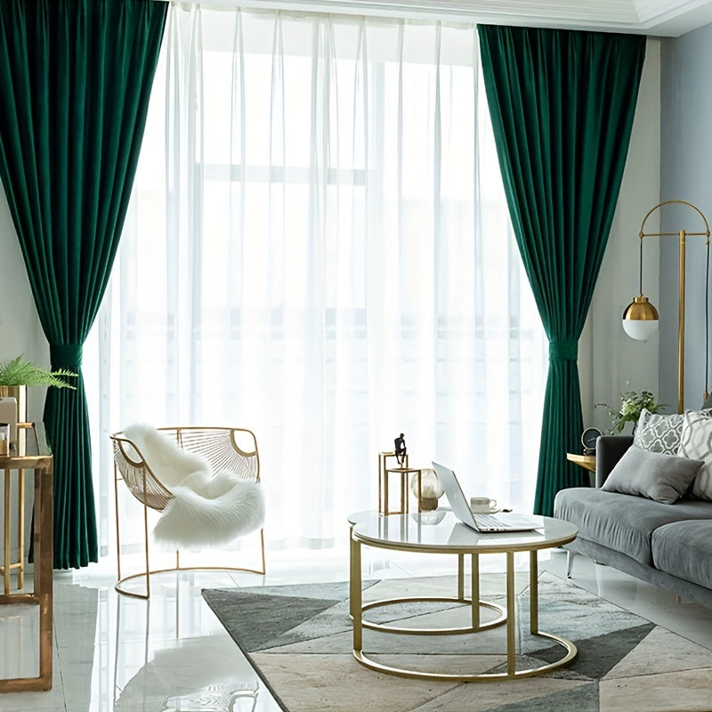 Rideaux en velours vert foncé tamisants en polyester (2 panneaux)