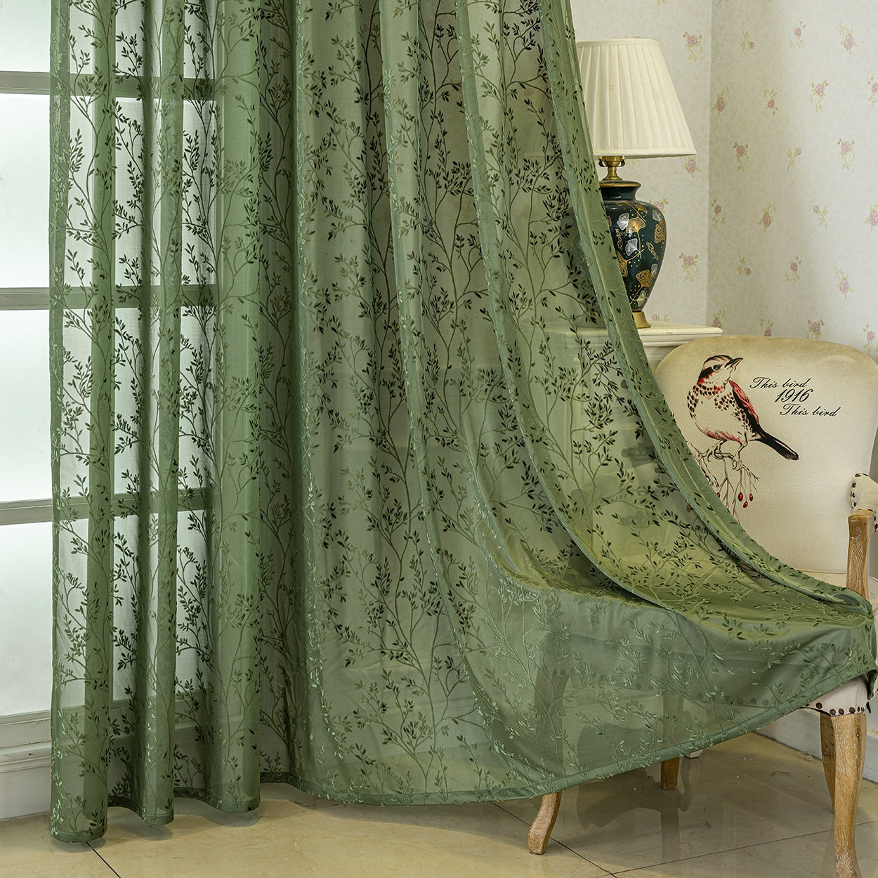 Rideaux jacquard bohème vert tamisant motif végétal (2 panneaux)