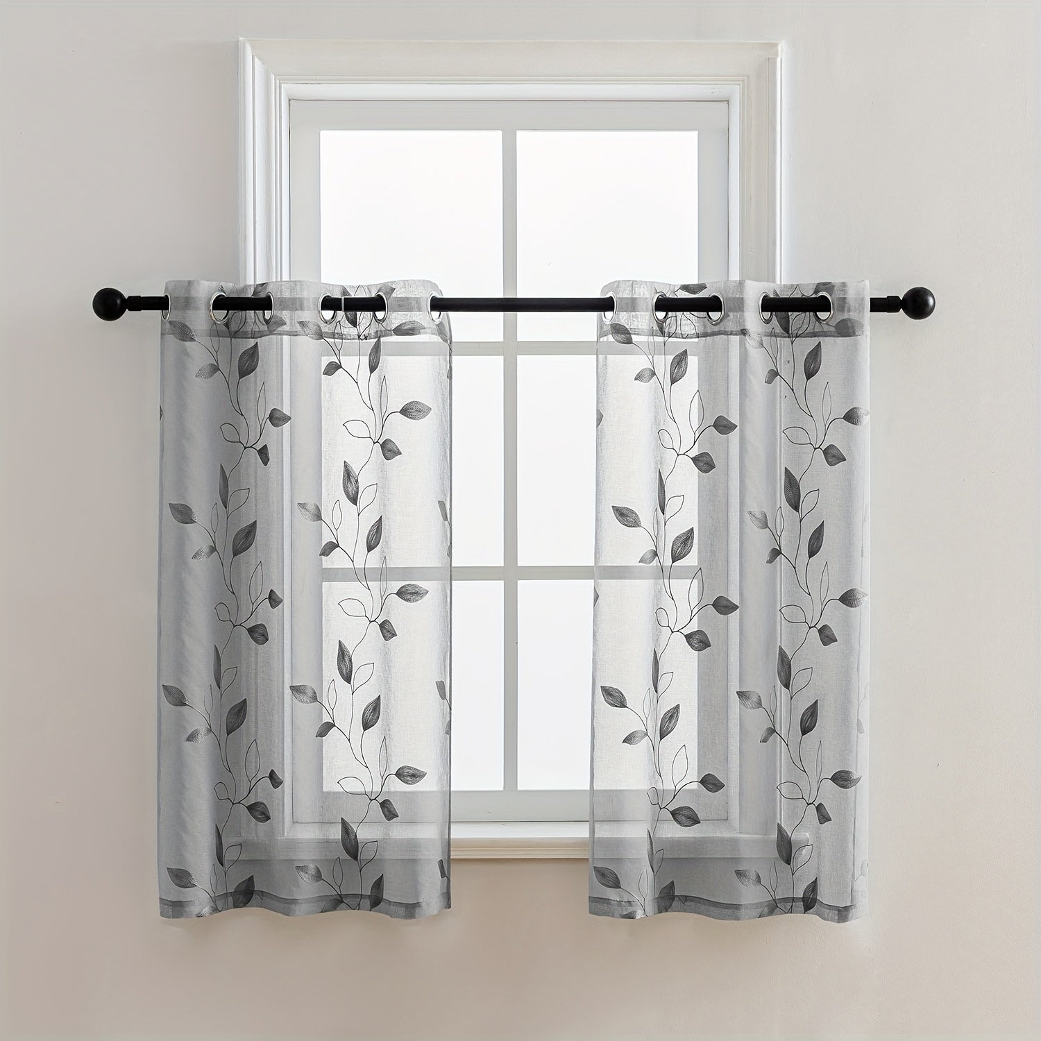 Rideaux voilage brodés motif feuilles avec œillets pour salon et chambre (2 panneaux)