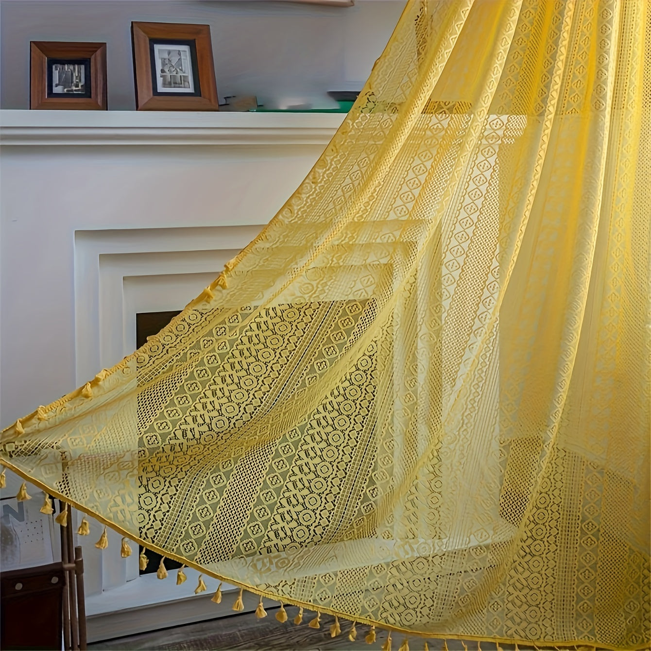 Rideau tamisant jaune en coton et nylon style bohème pour salon