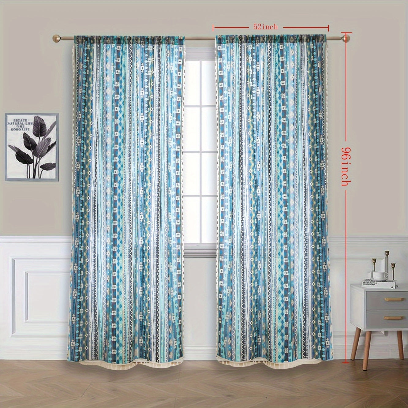 Rideau voilage bohème à rayures multicolores avec pompons (2 panneaux)