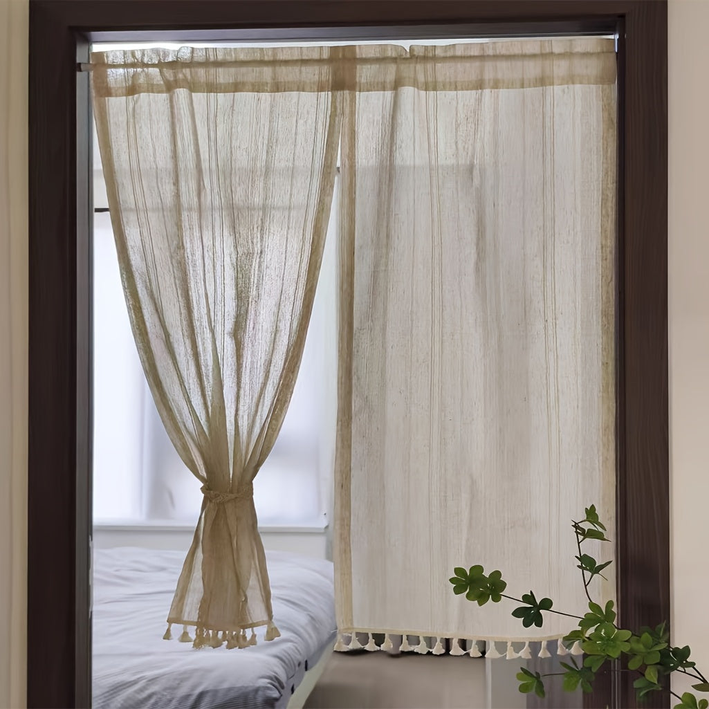 Rideau de porte japonais effet lin à rayures semi-transparent (2 panneaux)