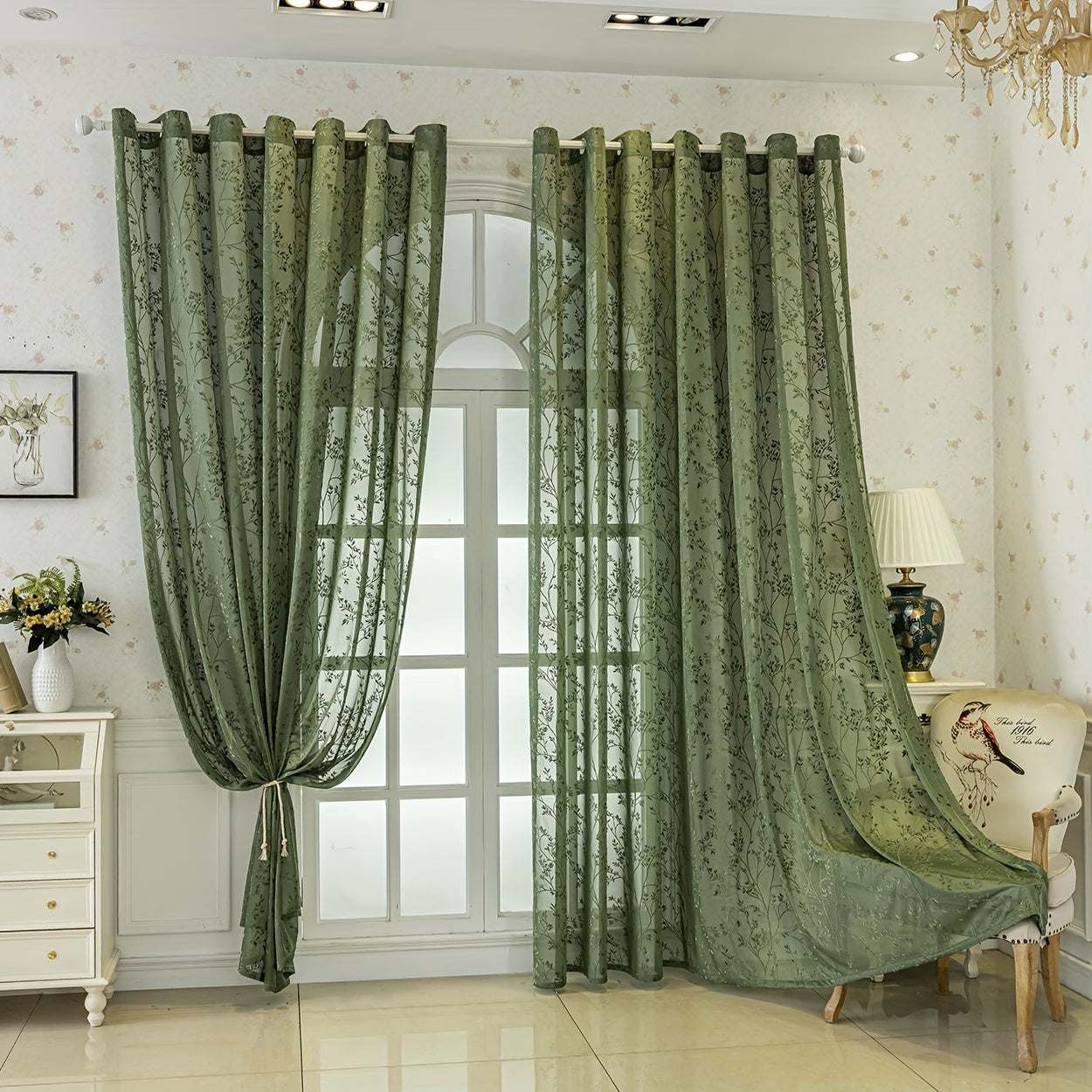 Rideaux jacquard bohème vert tamisant motif végétal (2 panneaux)