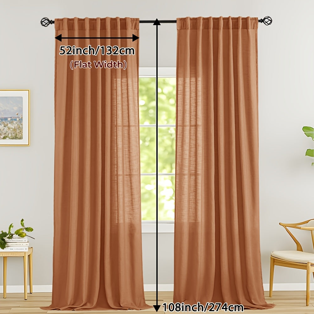Rideaux voilage lin mélangé semi-transparents style classique (2 Panneaux)
