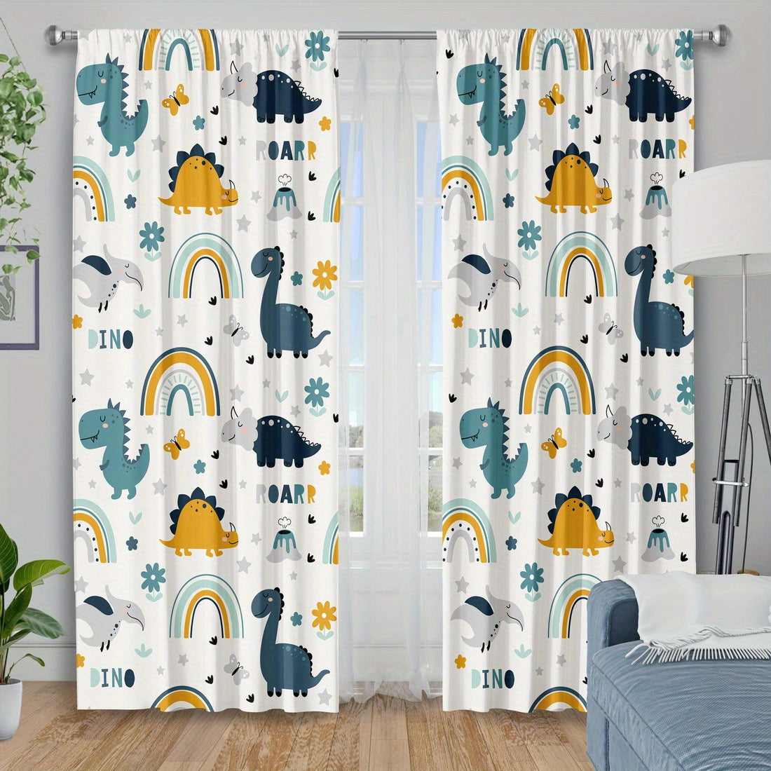 Rideau tamisant enfant à imprimé dinosaures en polyester (2 panneaux)
