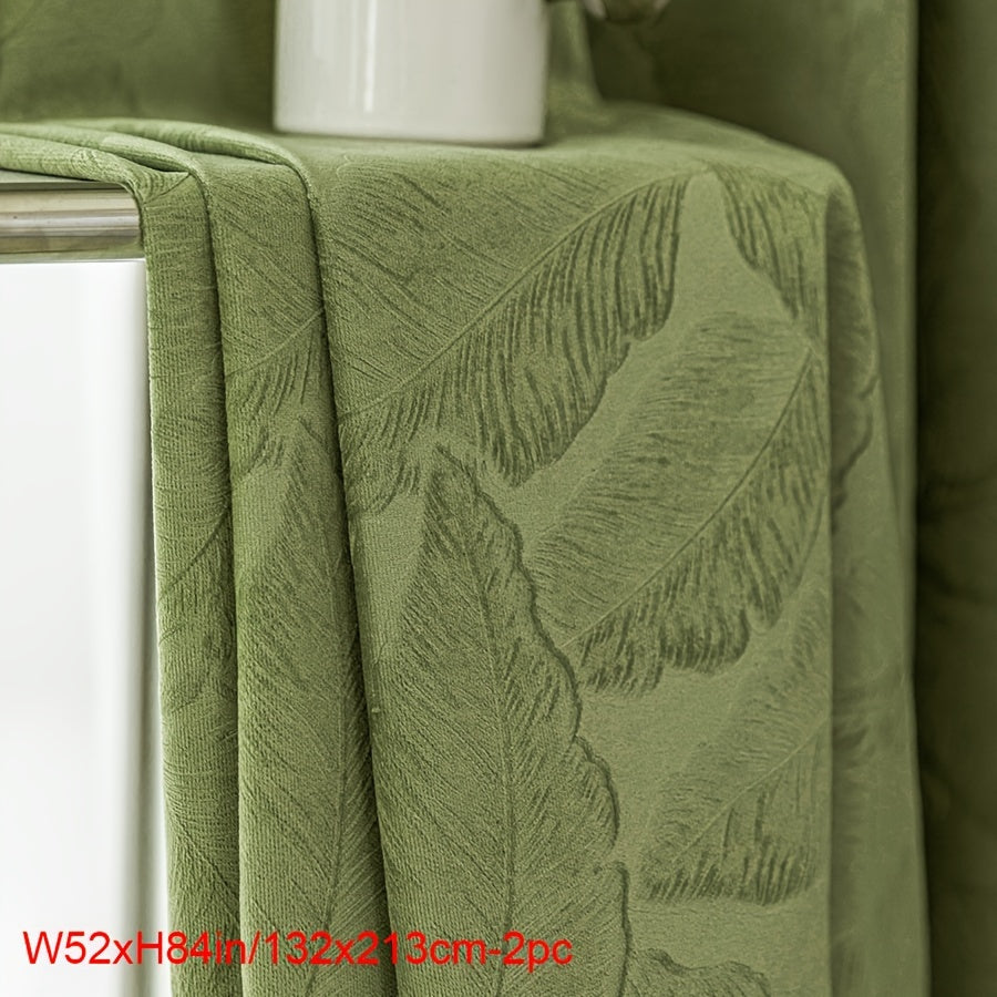 Rideaux occultants velours vert motif feuille pour salon (2 panneaux)