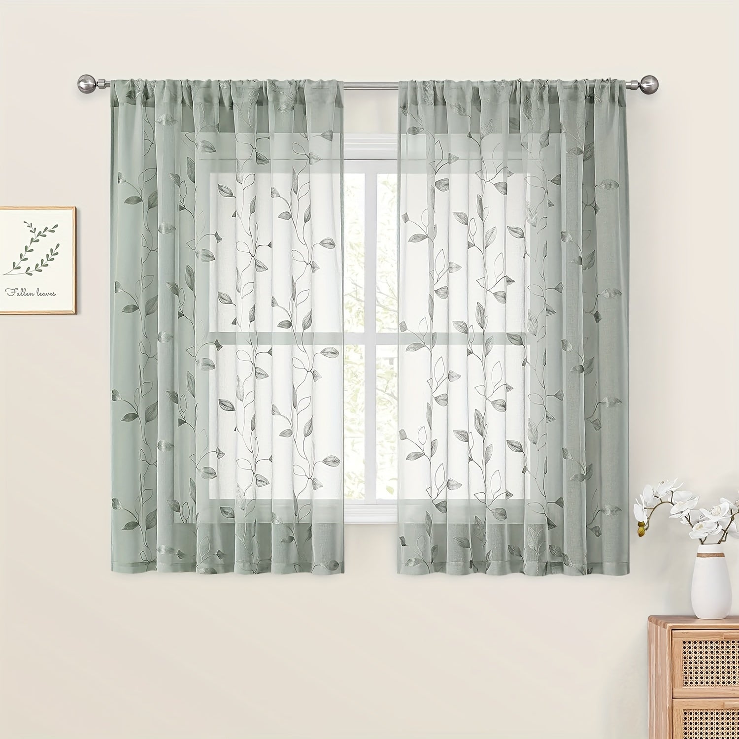 Rideaux voilage brodés motif feuilles style jardin pour salon et chambre (2 panneaux)