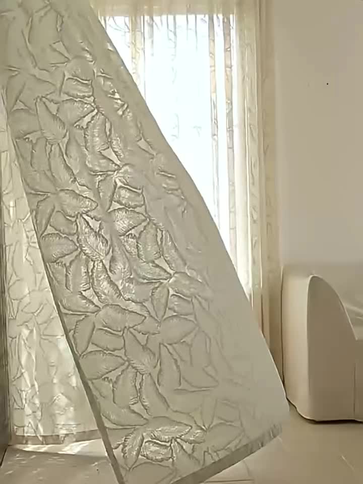 Rideau voilage velours beige brodé feuilles style rétro américain