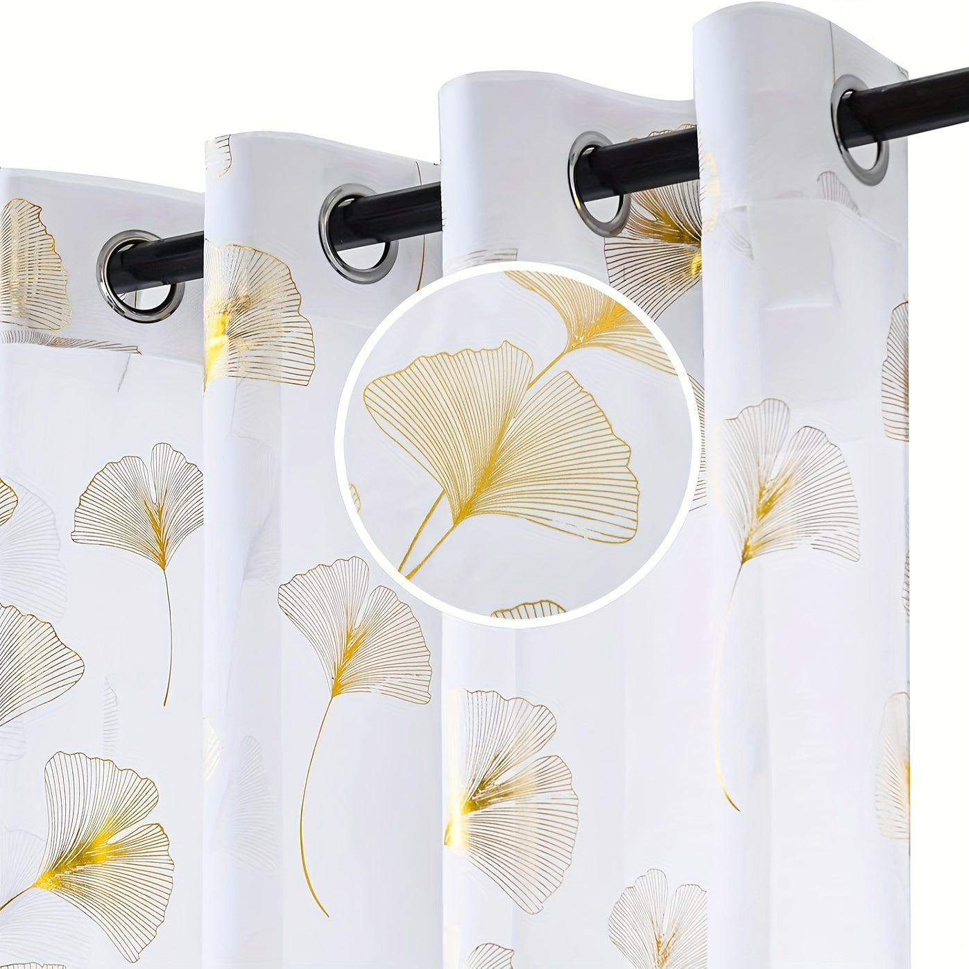 Rideaux voilage à motifs feuilles dorées et argentées à œillets (2 panneaux)