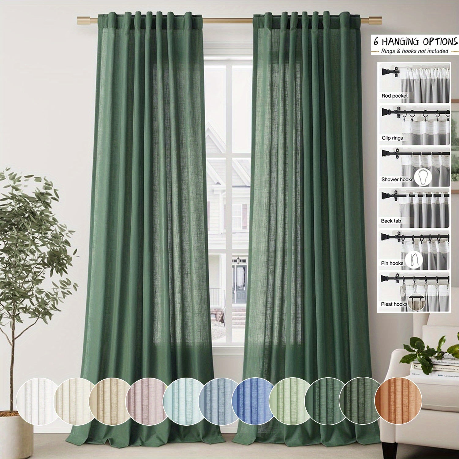 Rideaux voilage lin mélangé semi-transparents style classique (2 Panneaux)